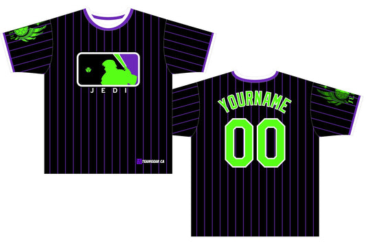 black and purple pinstripe baseball jersey with green numbers