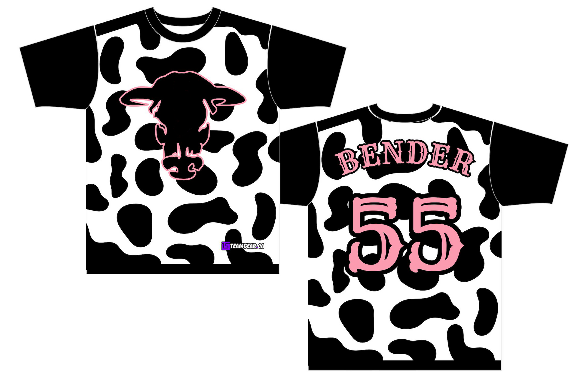 black and white Cows softball jerseys with cow spots