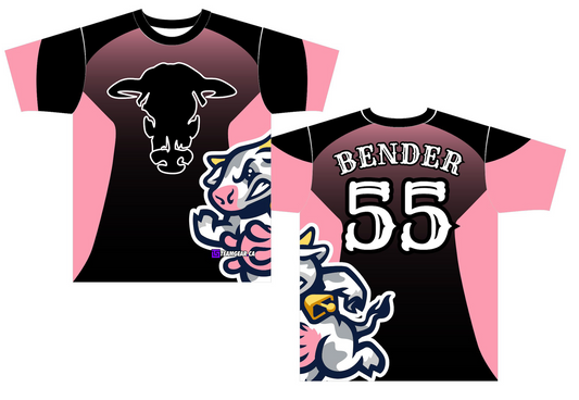 black and pink Cows softball jerseys with cartoon mascot logo