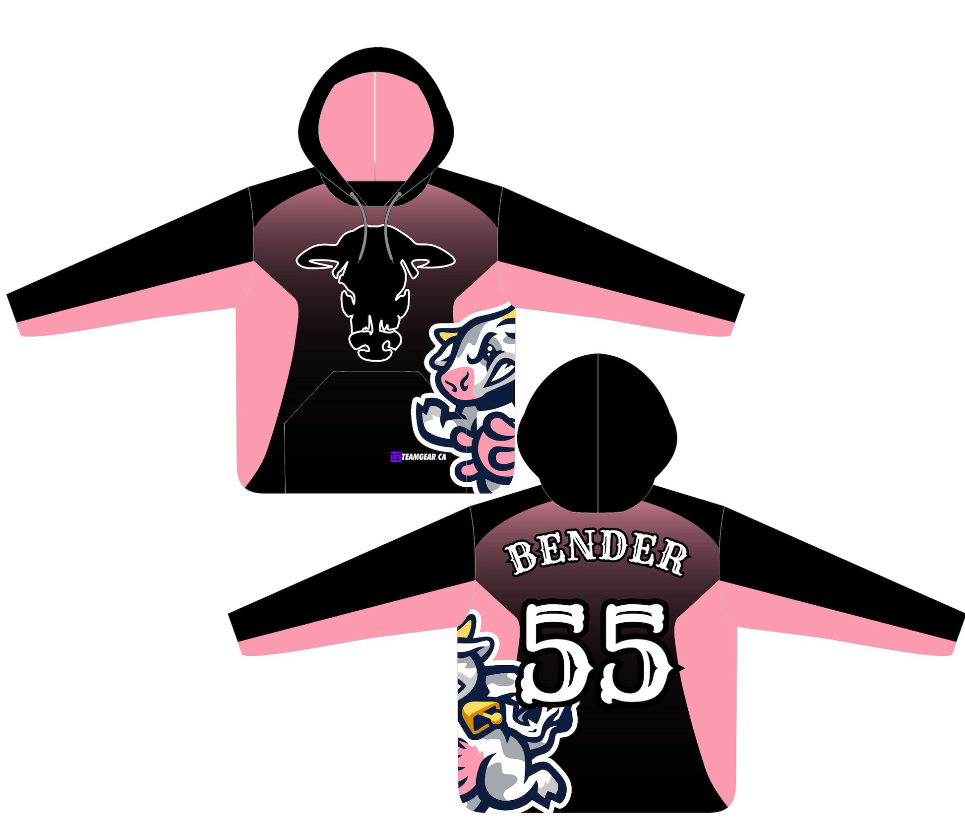 black and pink Cows softball hoodies with cartoon mascot logo