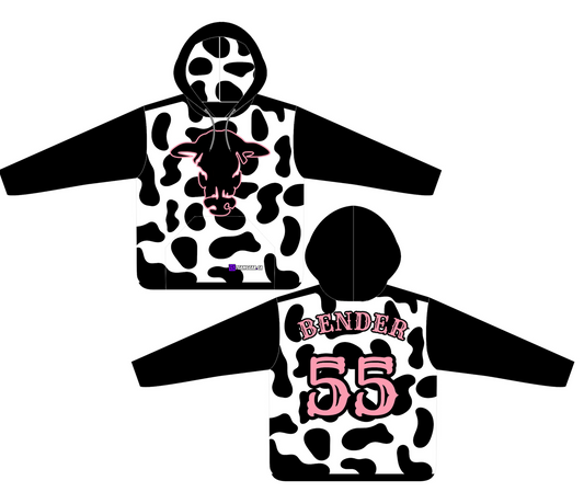 black and white Cows softball hoodies with cow prints