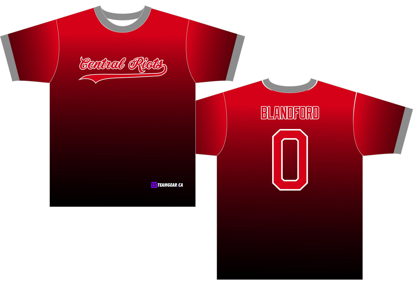 red Central Riots softball jerseys with black gradient