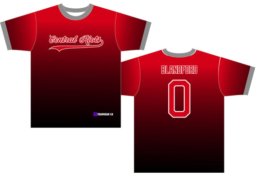 red Central Riots softball jerseys with black gradient