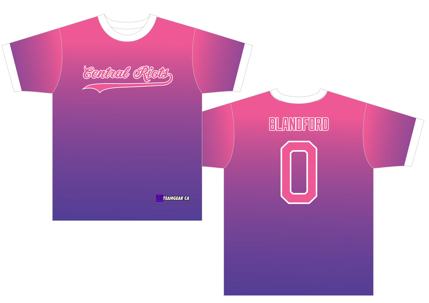 pink and purple Central Riots softball jerseys with gradient design