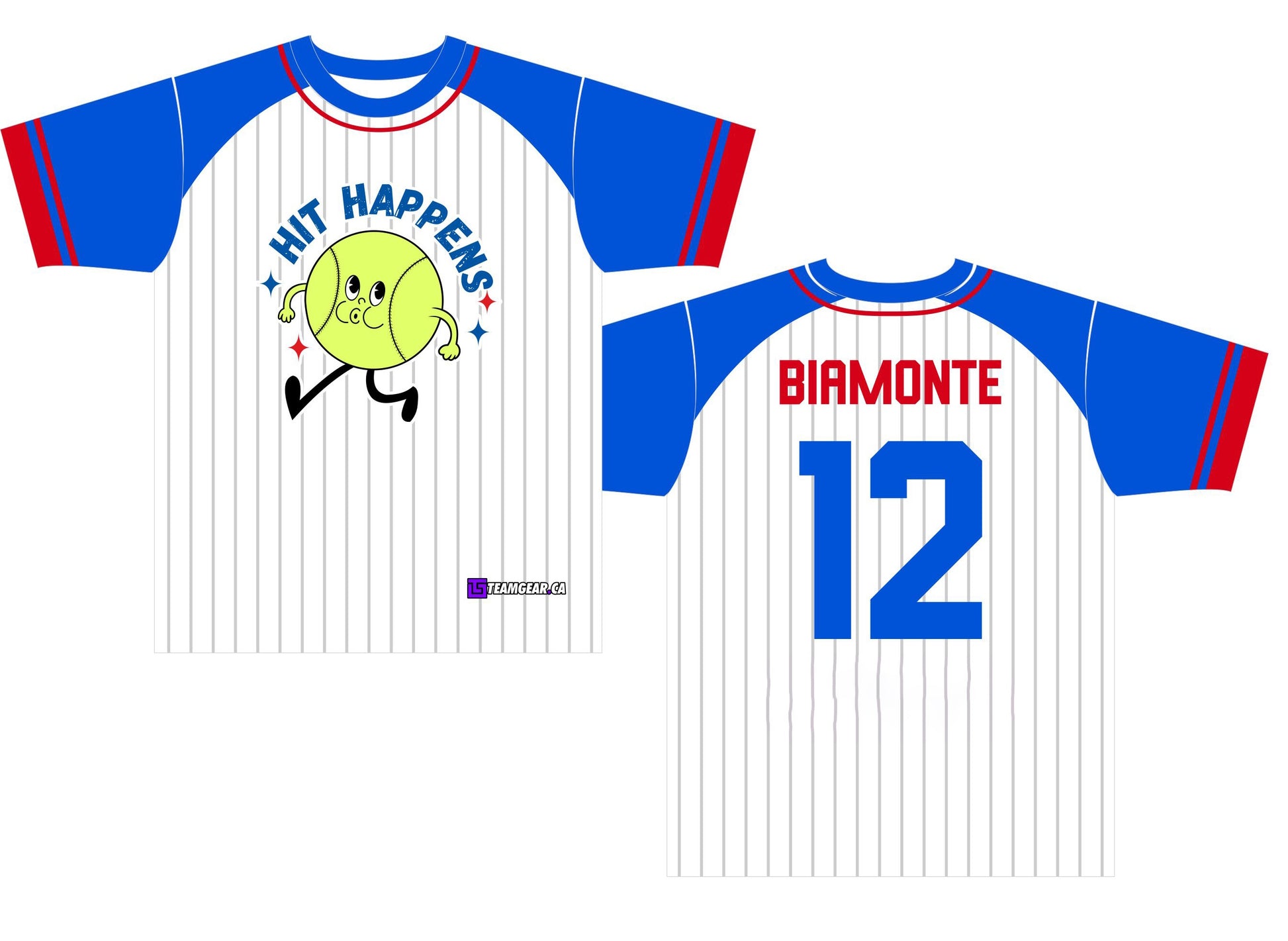 Hit Happens Blue Pinstripe Baseball Jersey with short-sleeves