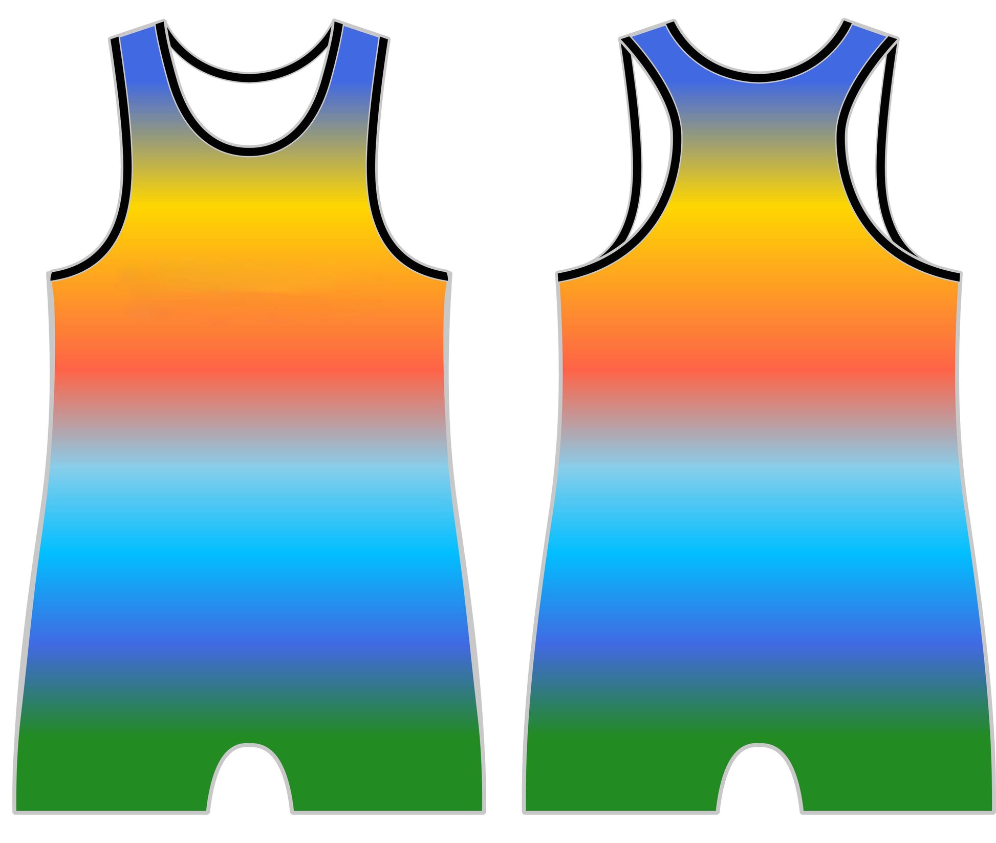 Gradient Sunset Wrestling Singlet with blue, green, red and yellow design