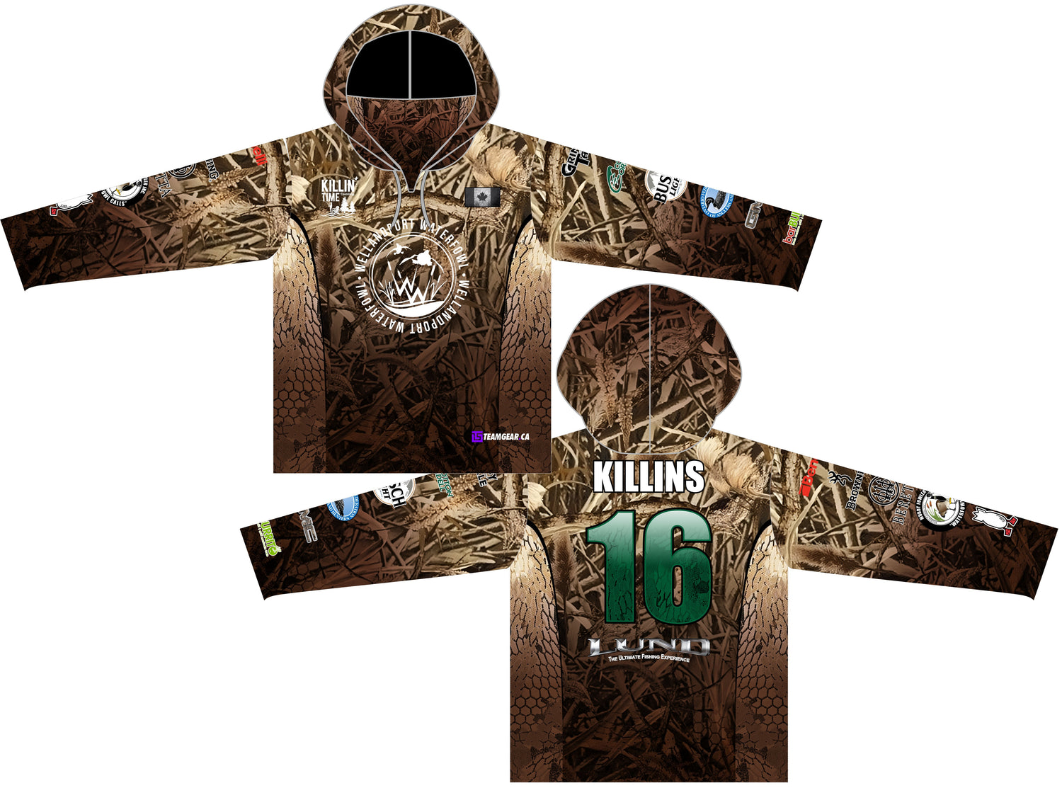 custom hunting jersey with hood and neck covering in camo print