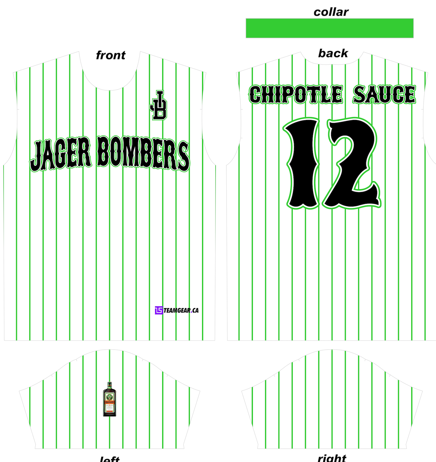 white and green pinstripe jersey with custom Jager bombers team logo