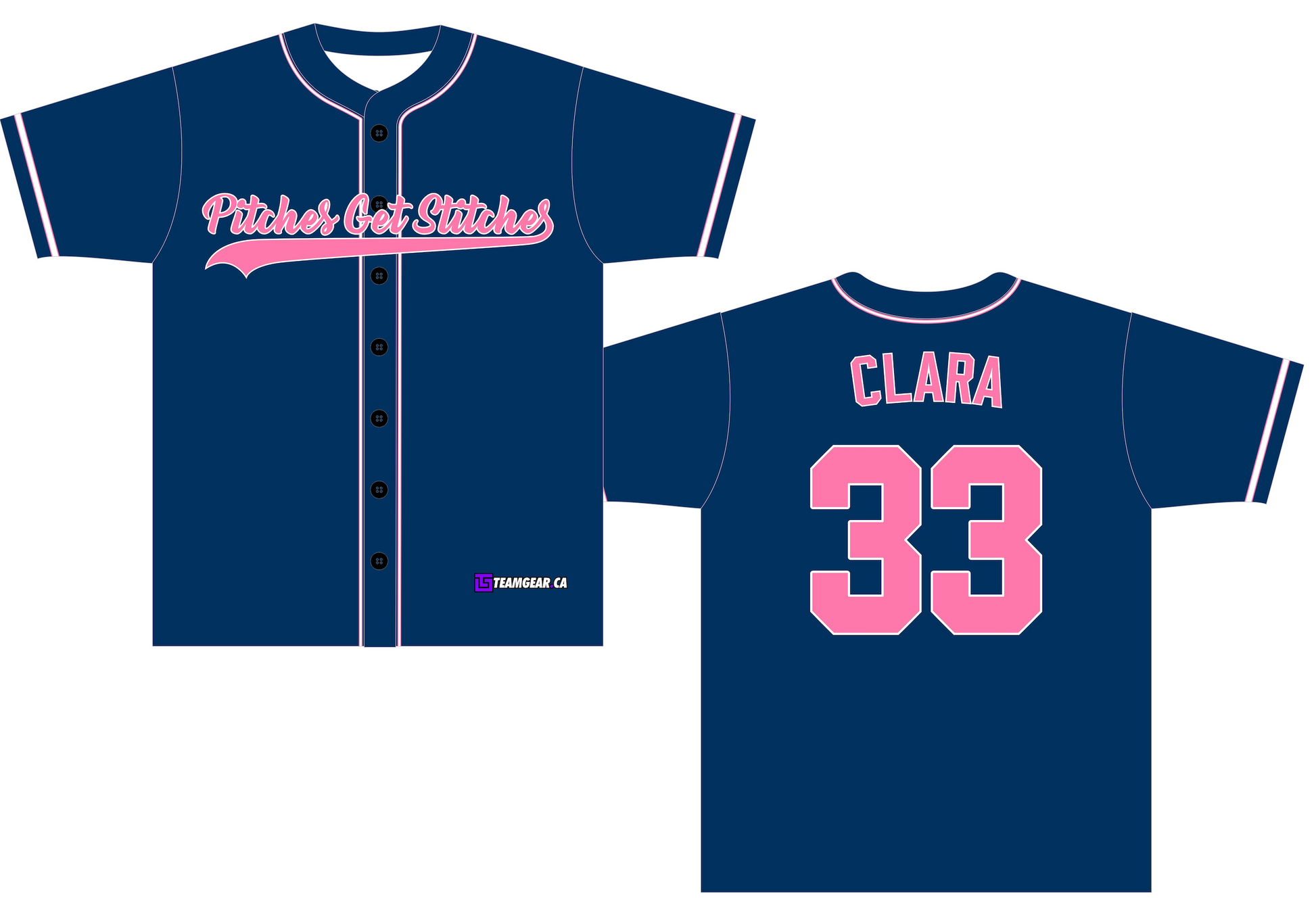 Pitches Get Stitches Navy Blue Baseball Jersey with pink text