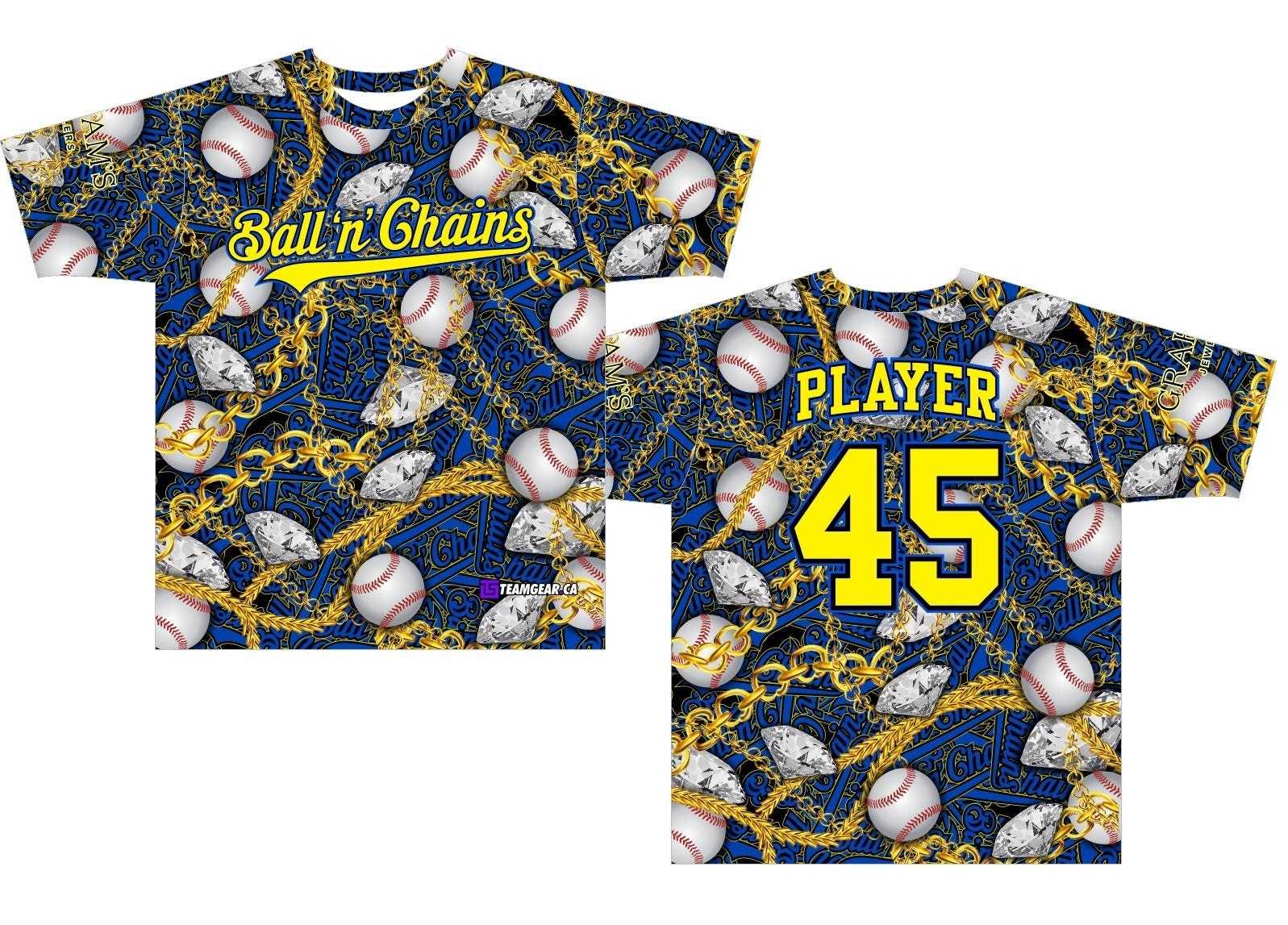 Ball n Chains baseball jersey with realistic baseball and chain prints with team name