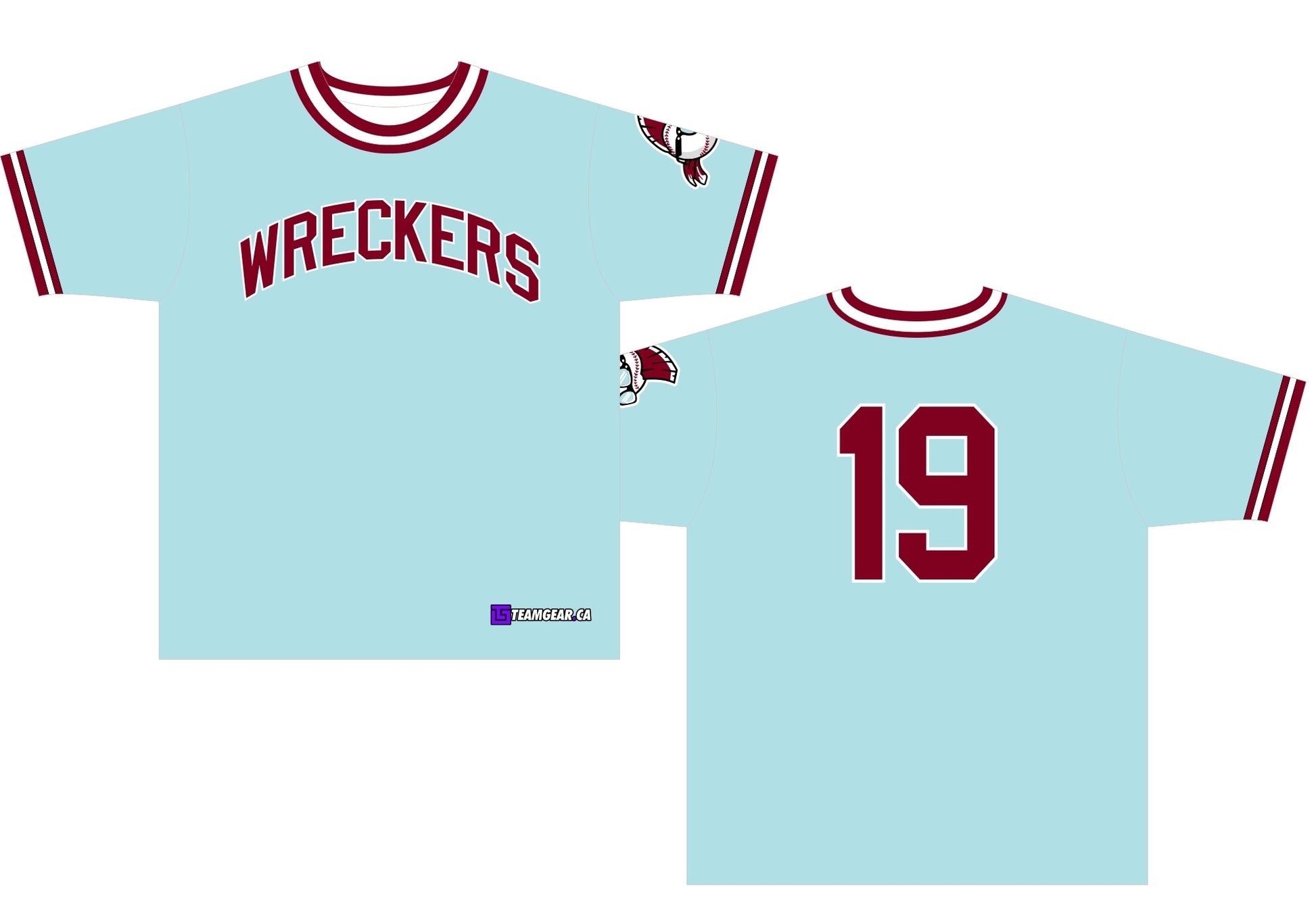 Wreckers Powder Blue Softball Jersey with red and white stripes