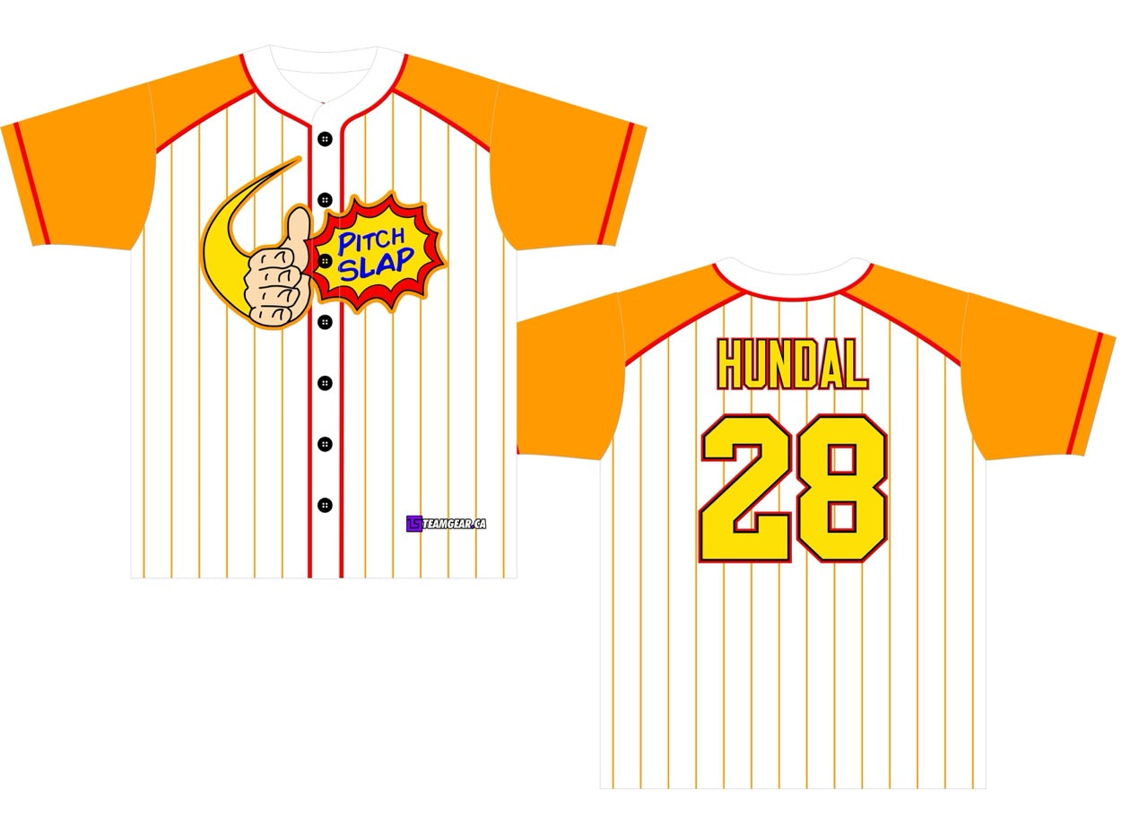 Pitch Slap full button white Baseball jersey with orange sleeves and yellow pinstripes