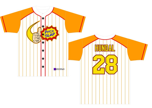 Pitch Slap full button white Baseball jersey with orange sleeves and yellow pinstripes
