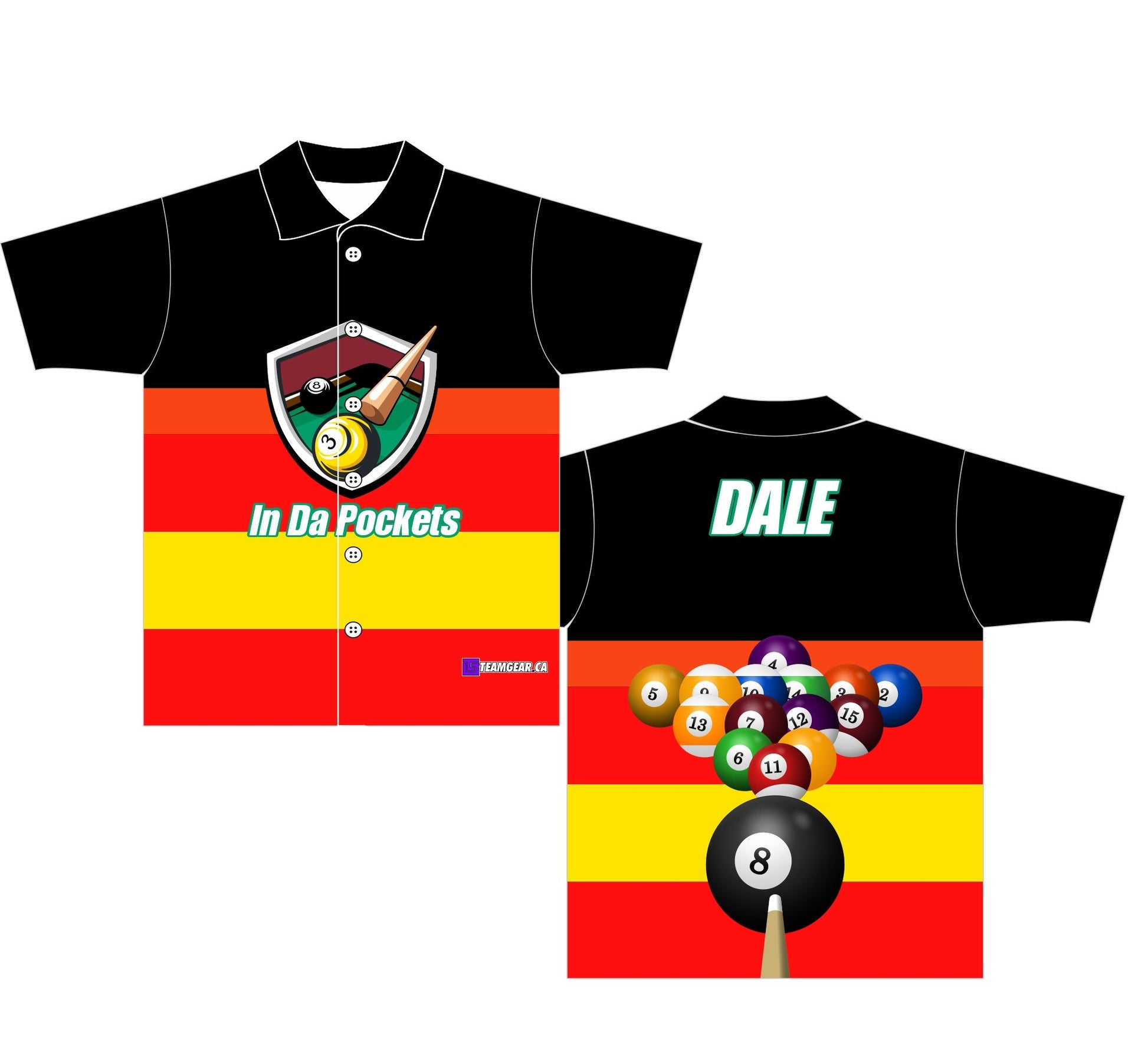 In Da Pockets Pool Billiards Jersey with red, orange and yellow stripes