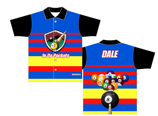 In Da Pockets Pool Billiards Jersey with blue, red and yellow stripes