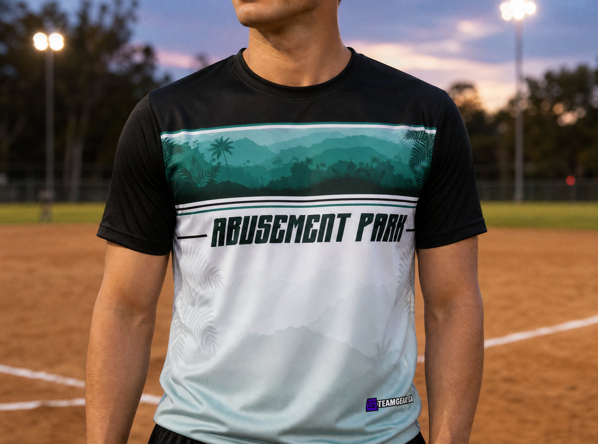 Abusement Park Softball Jersey — custom softball jersey worn on model — TeamGear Canada
