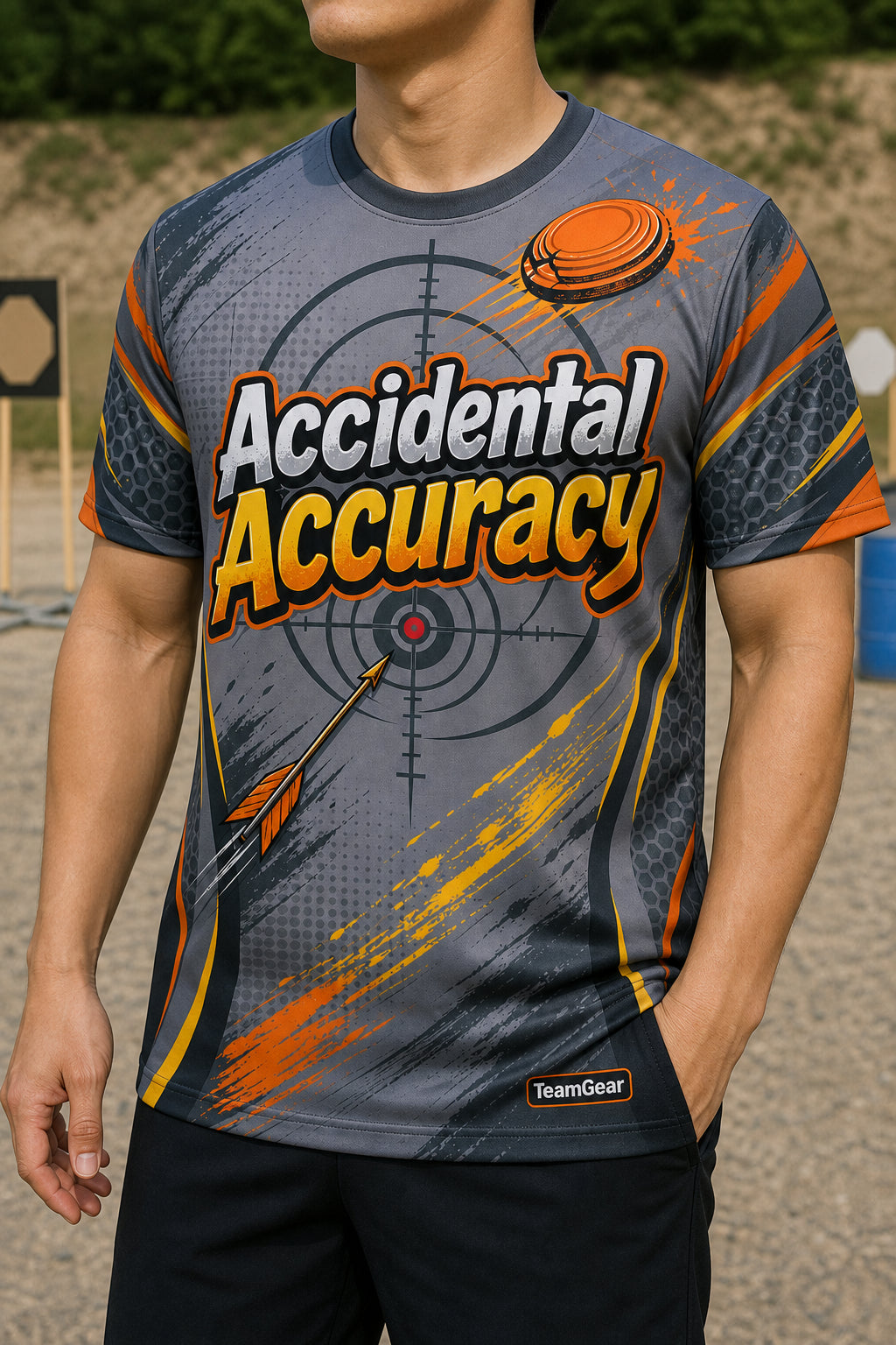 Accidental Accuracy Grey Shooting Jersey — custom shooting jersey worn on model — TeamGear Canada