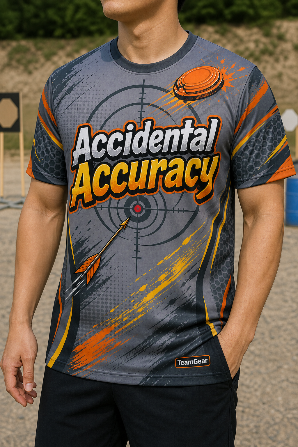 Accidental Accuracy Grey Shooting Jersey — custom shooting jersey worn on model — TeamGear Canada