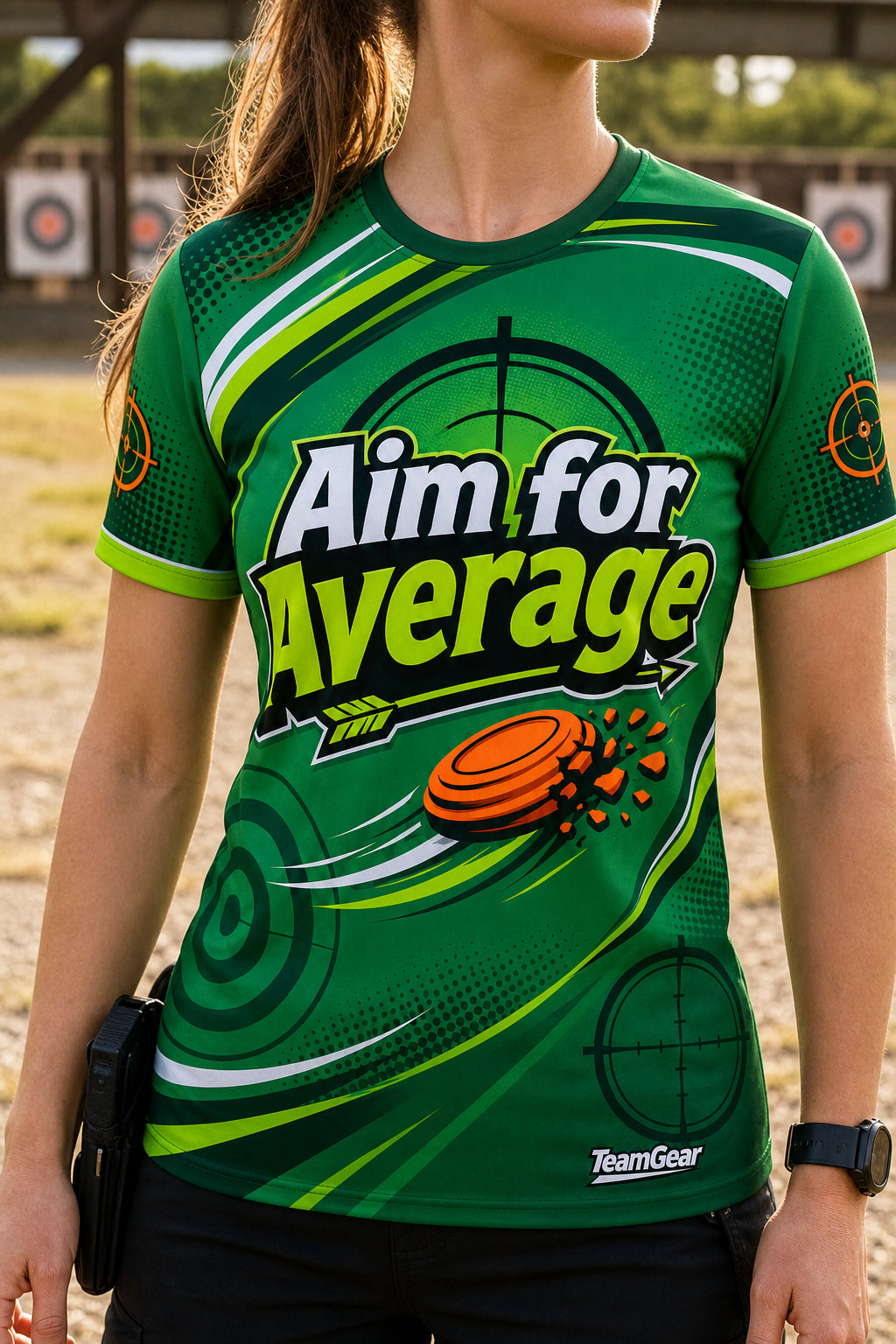 Aim for Average Green Shooting Jersey — custom shooting jersey worn on model — TeamGear Canada