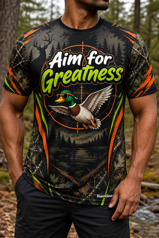 Aim for Greatness Black Hunting Jersey — custom hunting jersey worn on model — TeamGear Canada