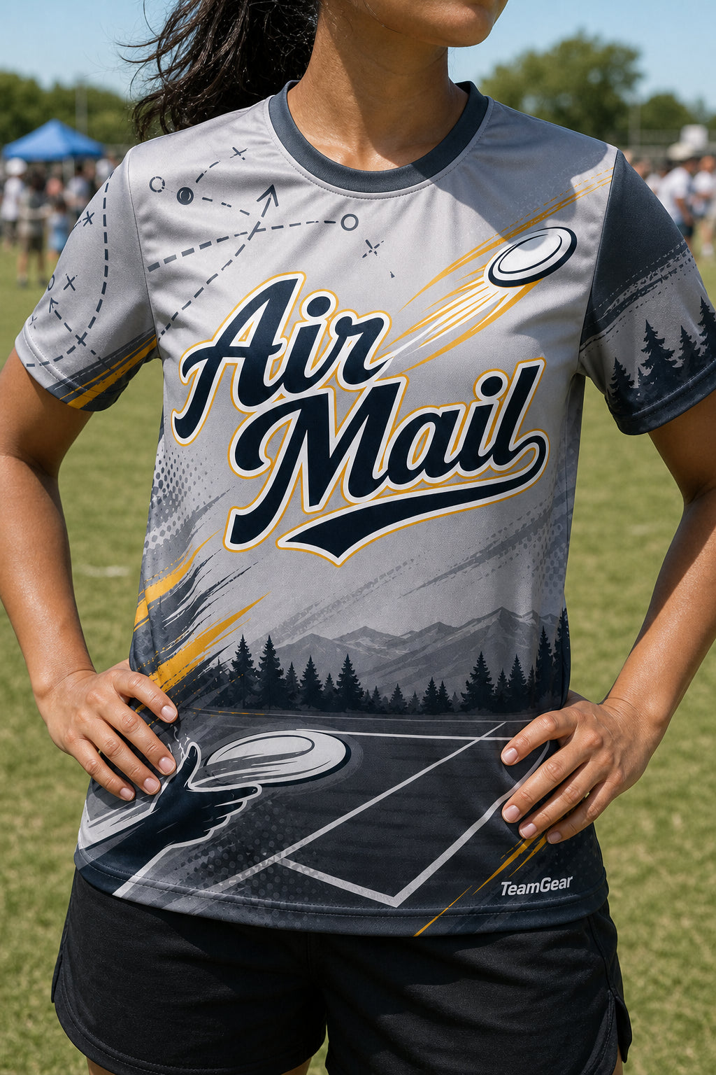 Air Mail Grey Ultimate Frisbee Jersey — custom ultimate frisbee jersey worn on model — TeamGear Canada