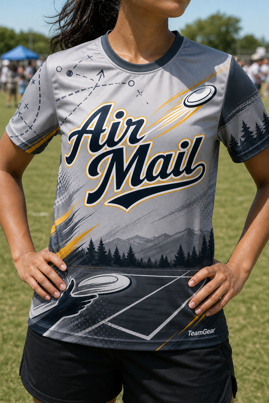Air Mail Grey Ultimate Frisbee Jersey — custom ultimate frisbee jersey worn on model — TeamGear Canada