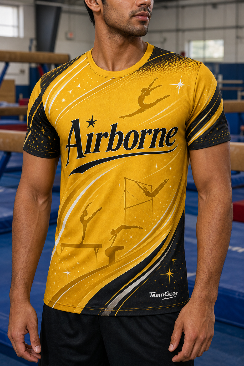 Airborne Gold Gymnastics Jersey — custom gymnastics jersey worn on model — TeamGear Canada