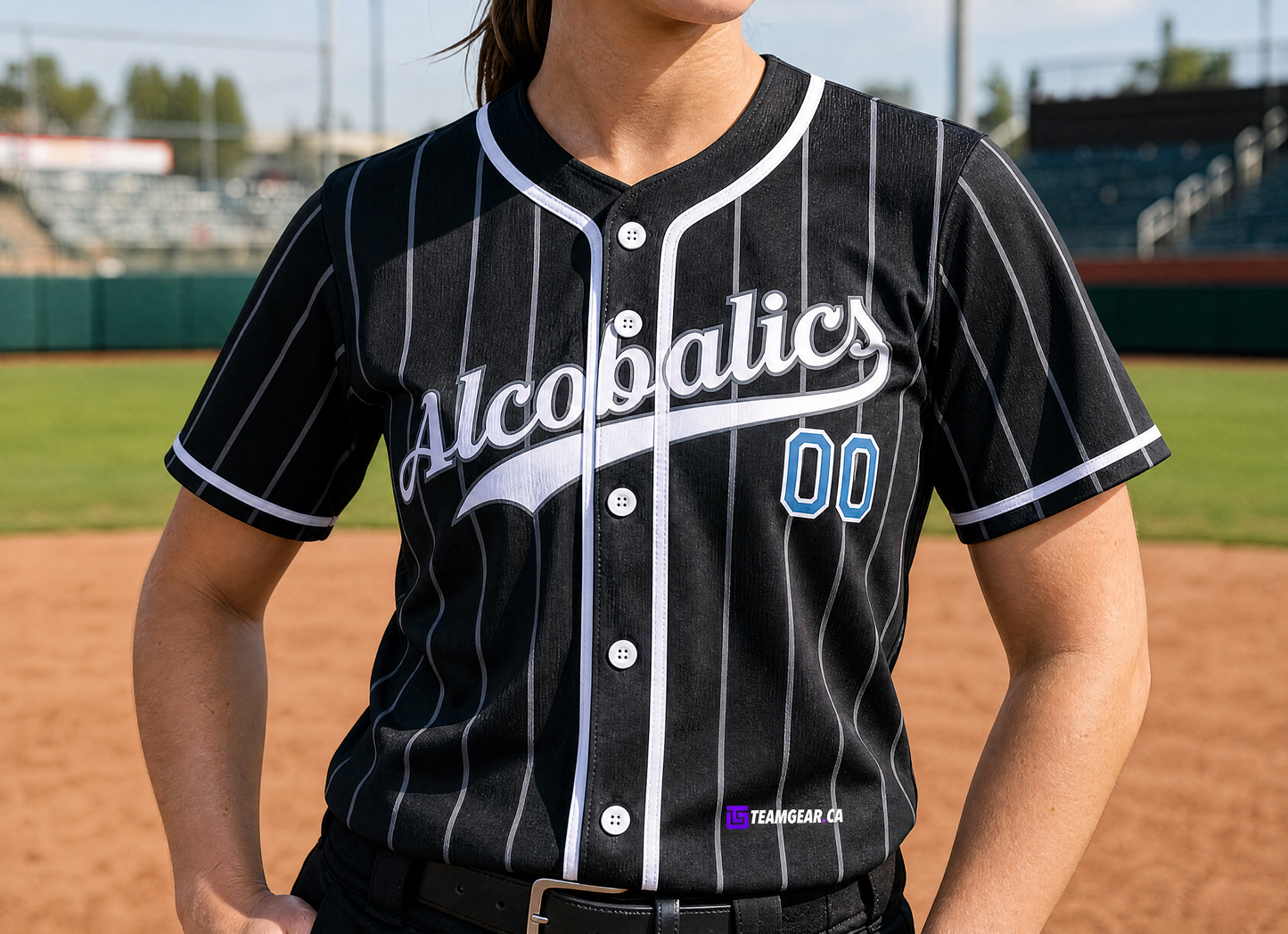 Alcobalics Black Pinstripe Baseball Jersey Full Button — custom baseball jersey worn on model — TeamGear Canada