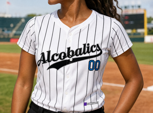 Alcobalics White Pinstripe Baseball Jersey Full Button — custom baseball jersey worn on model — TeamGear Canada