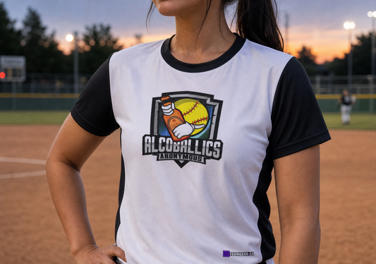 Alcoballics Anonymous Softball Jersey — custom softball jersey worn on model — TeamGear Canada