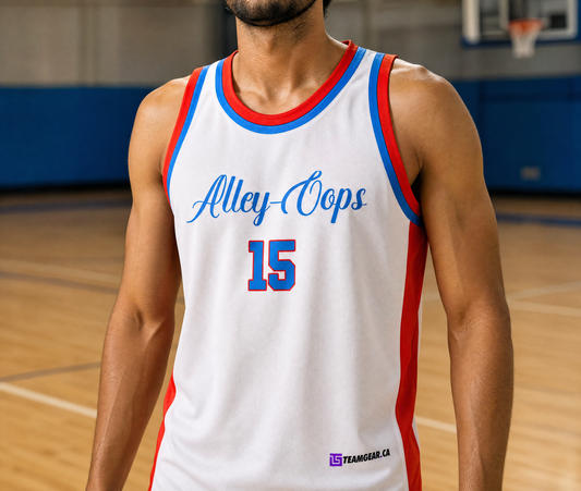 Alley Oops White Basketball Jersey — custom basketball jersey worn on model — TeamGear Canada