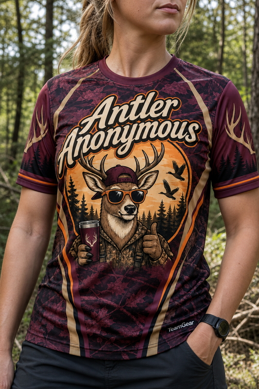 Antler Anonymous Maroon Hunting Jersey — custom hunting jersey worn on model — TeamGear Canada