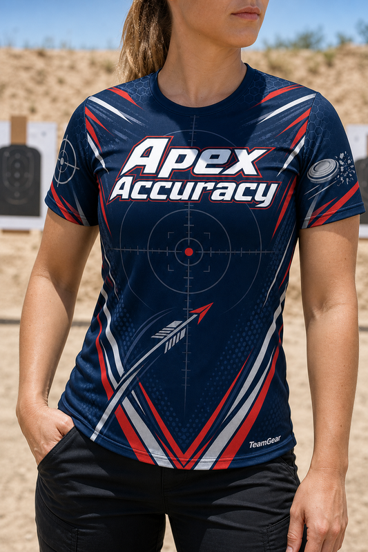 Apex Accuracy Navy Shooting Jersey — custom shooting jersey worn on model — TeamGear Canada