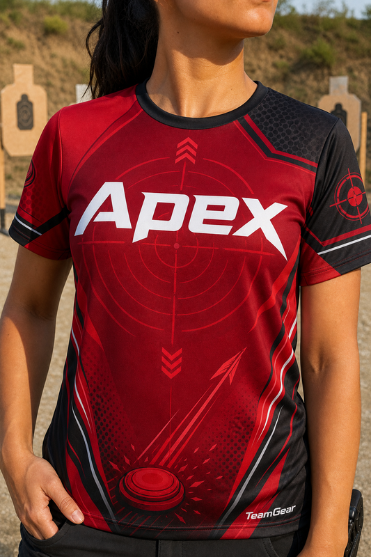 Apex Crimson Shooting Jersey — custom shooting jersey worn on model — TeamGear Canada