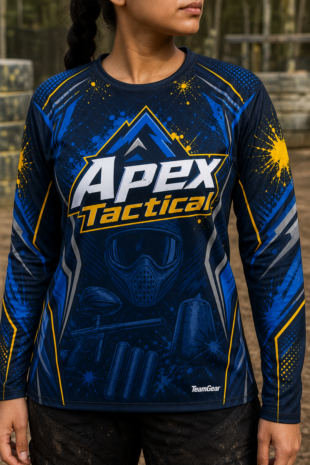 Apex Tactical Navy Long Sleeve Paintball Jersey — custom paintball jersey worn on model — TeamGear Canada