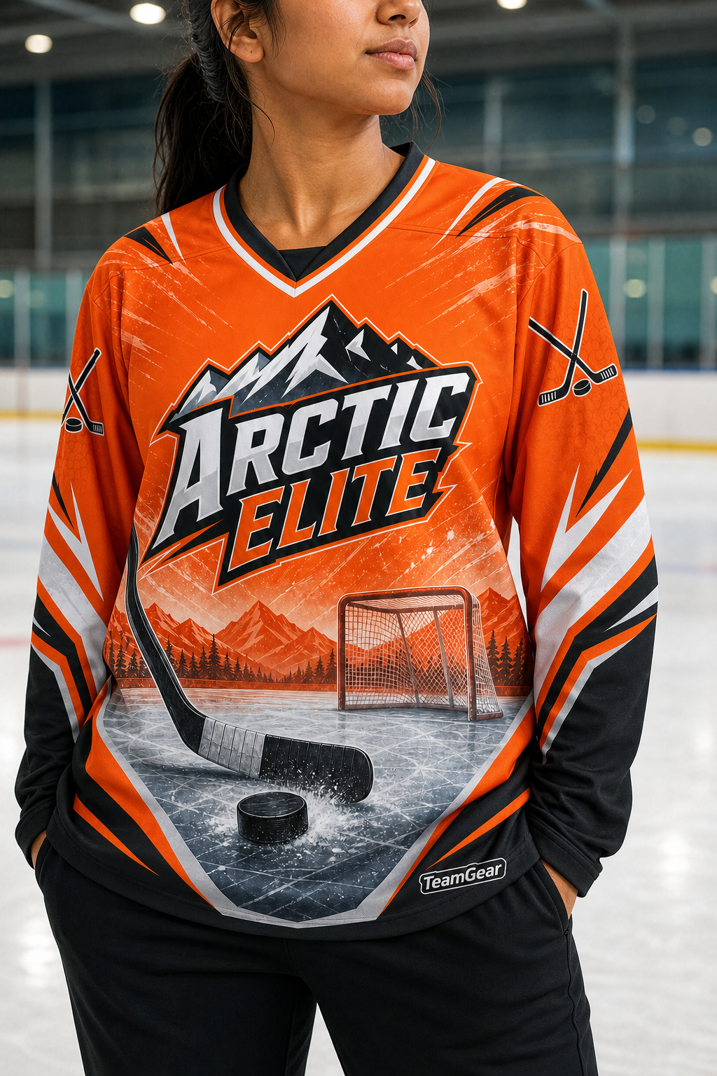 Arctic Elite Orange Hockey Jersey — custom hockey jersey worn on model — TeamGear Canada