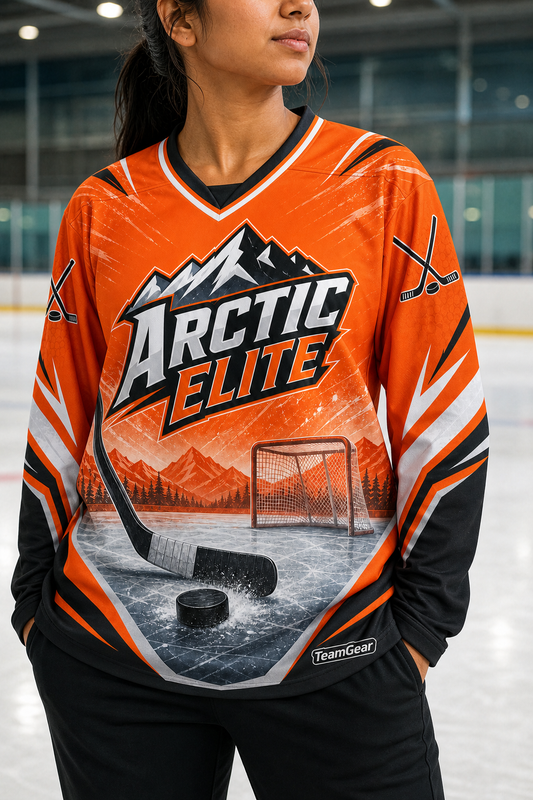 Arctic Elite Orange Hockey Jersey — custom hockey jersey worn on model — TeamGear Canada