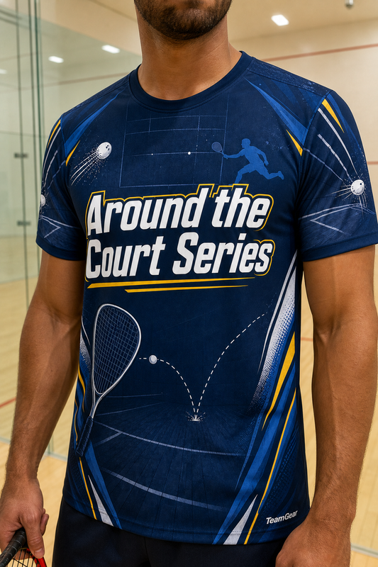 Around the Court Series Navy Racquetball Jersey — custom racquetball jersey worn on model — TeamGear Canada