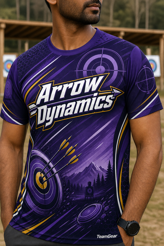 Arrow Dynamics Purple Shooting Jersey — custom shooting jersey worn on model — TeamGear Canada