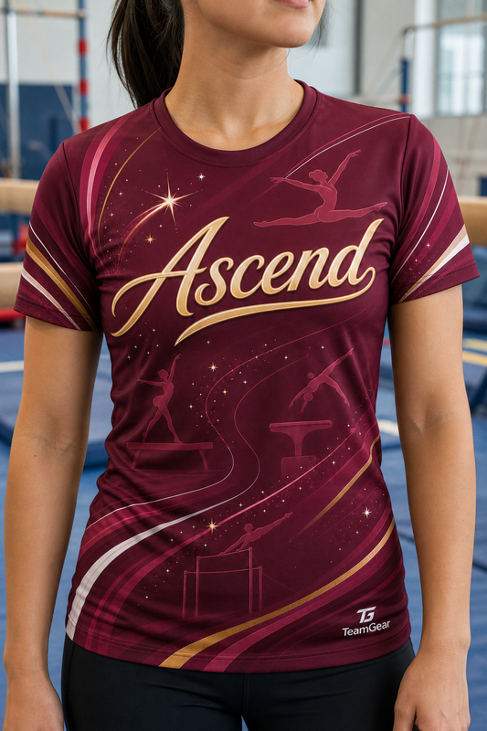 Ascend Maroon Gymnastics Jersey — custom gymnastics jersey worn on model — TeamGear Canada