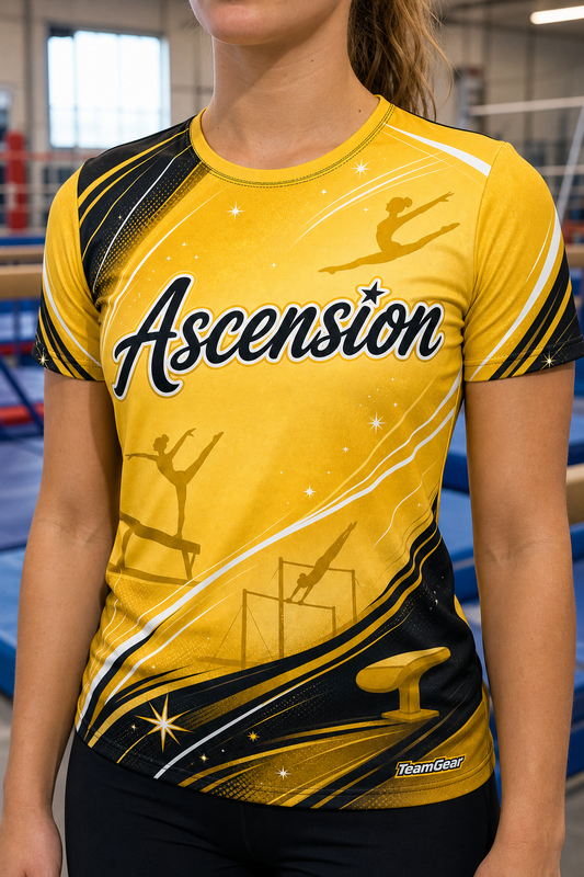 Ascension Gold Gymnastics Jersey — custom gymnastics jersey worn on model — TeamGear Canada