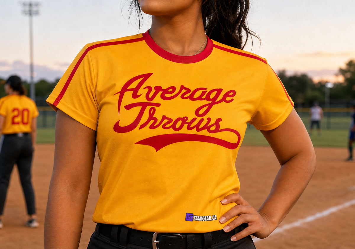 Average Throws Yellow Softball Jersey — custom softball jersey worn on model — TeamGear Canada