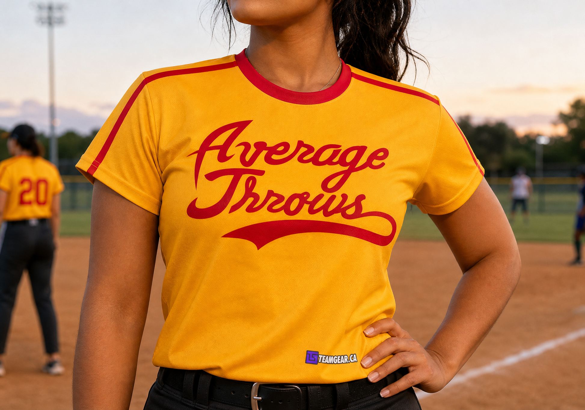 Average Throws Yellow Softball Jersey — custom softball jersey worn on model — TeamGear Canada