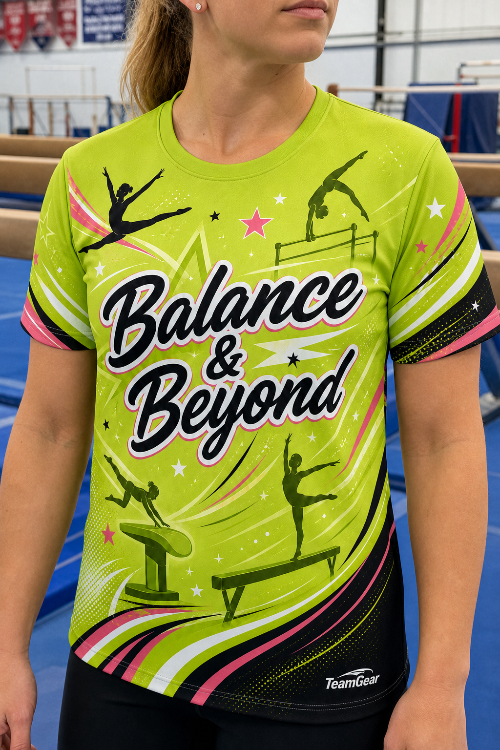 Balance & Beyond Lime Gymnastics Jersey — custom gymnastics jersey worn on model — TeamGear Canada