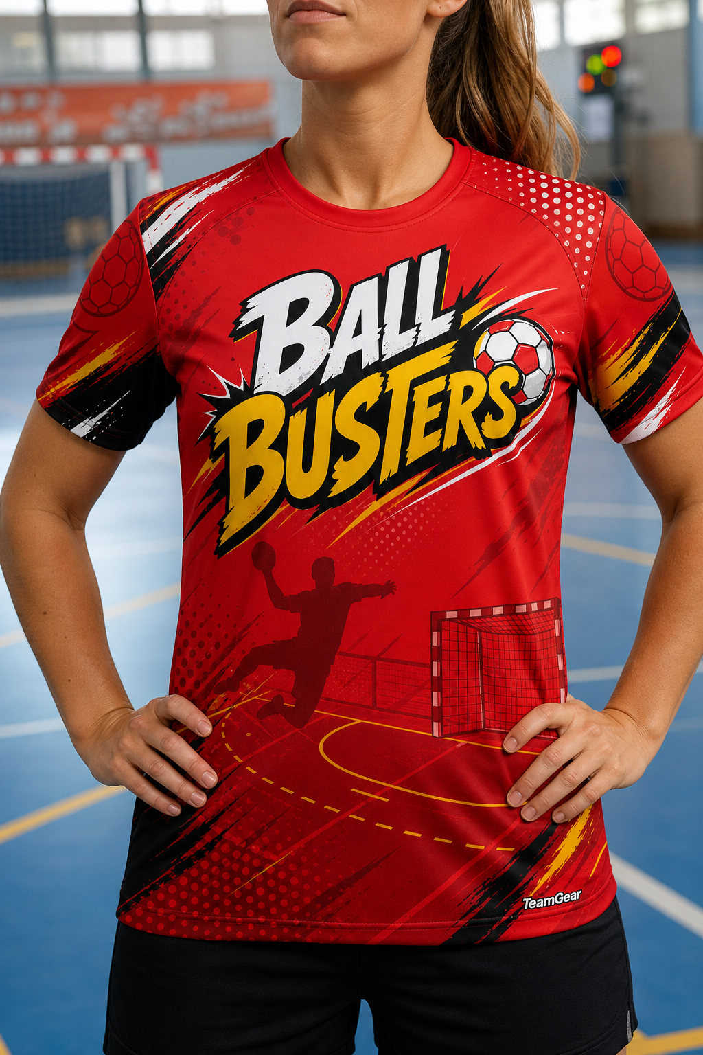 Ball Busters Red Handball Jersey — custom handball jersey worn on model — TeamGear Canada