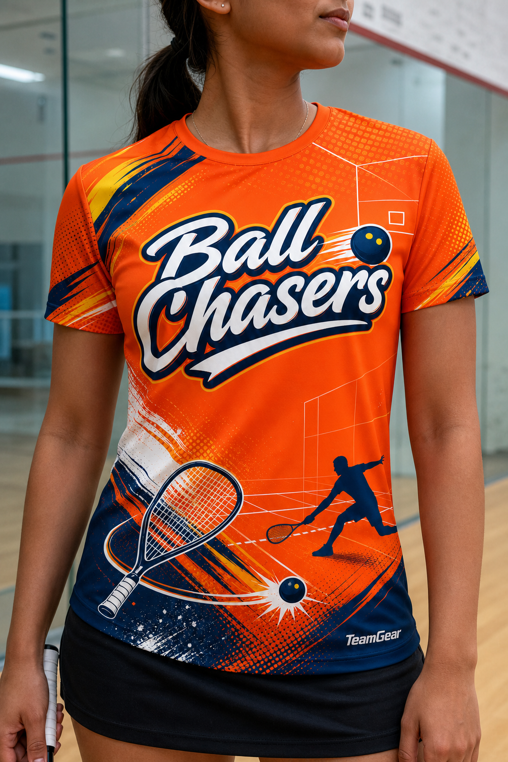 Ball Chasers Orange Racquetball Jersey — custom racquetball jersey worn on model — TeamGear Canada