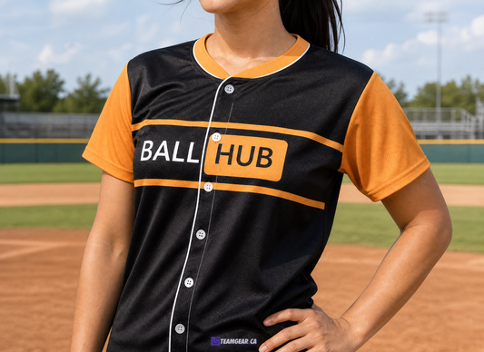 Ball Hub Black Baseball Jersey Full Button — custom baseball jersey worn on model — TeamGear Canada