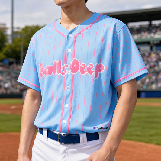 Balls Deep Blue and Pink Pinstripe Baseball Jersey Full Button — custom baseball jersey worn on model — TeamGear Canada
