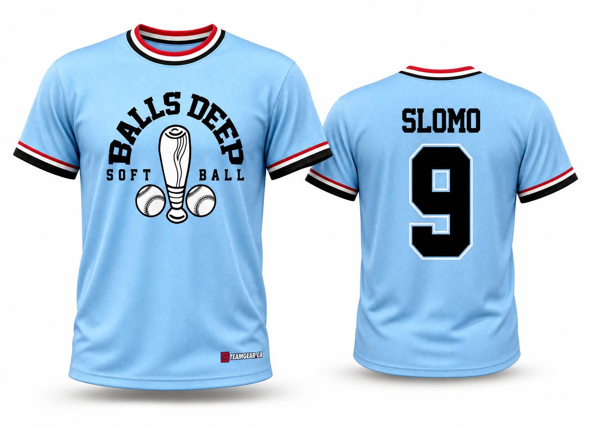 Balls Deep Blue Softball Jersey - front and back view