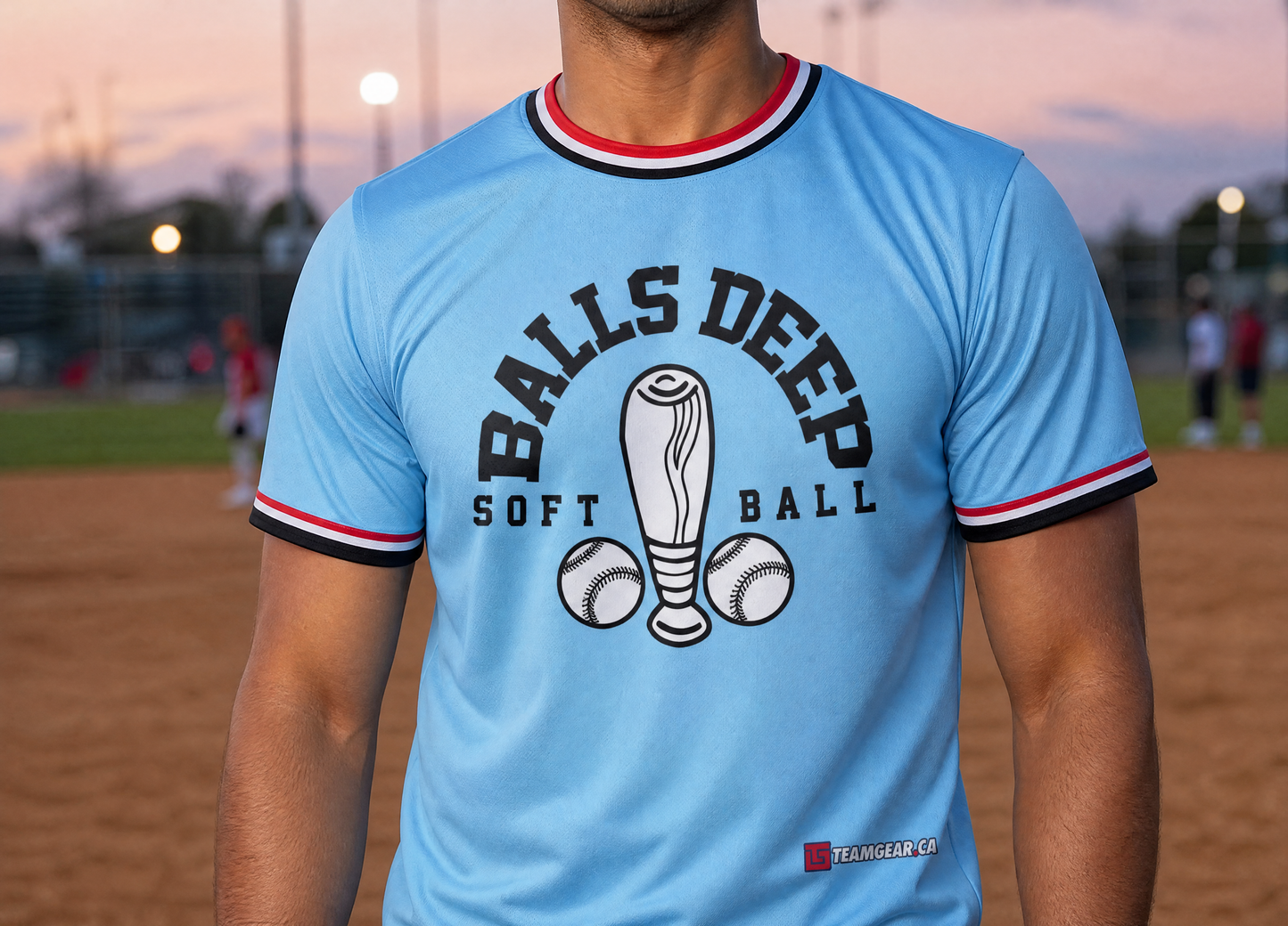 Balls Deep Blue Softball Jersey — custom softball jersey worn on model — TeamGear Canada